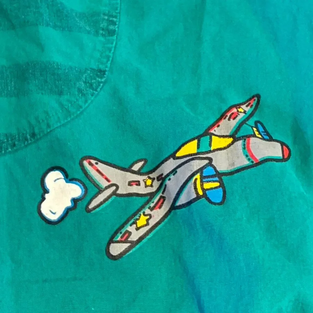 Vintage Broadway Kids Airplane Patch Plaid One Piece Romper Green Made in USA